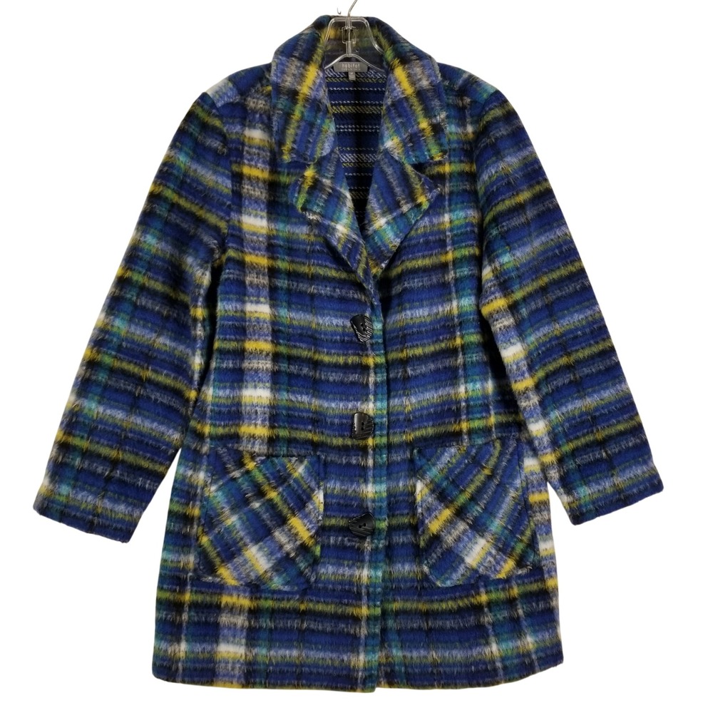 Habitat Clothes to Live In Womens Blue Yellow Plaid Fuzzy Button Front Coat M